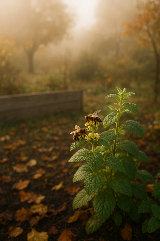 Misty autumn garden with blooming lemon balm (Melissa), soft morning light and bees flying over the plants — symbol of peace, memory and sustainability.