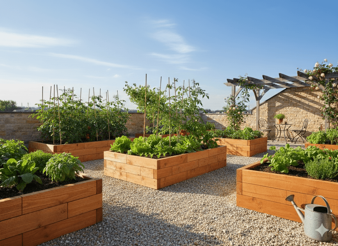 Individual larch wood pieces for corner patio raised bed gardening