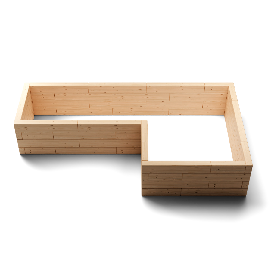 Flipped view of L-shape raised bed showing modular assembly system