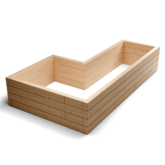 L-shaped modular raised bed for corner garden spaces with larch wood construction