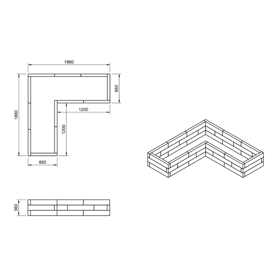 Natural wood blocks for custom L-shape garden bed assembly
